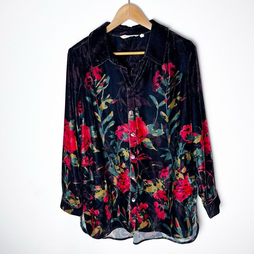 Soft Surroundings Black Floral Velvet Button-Down Shirt